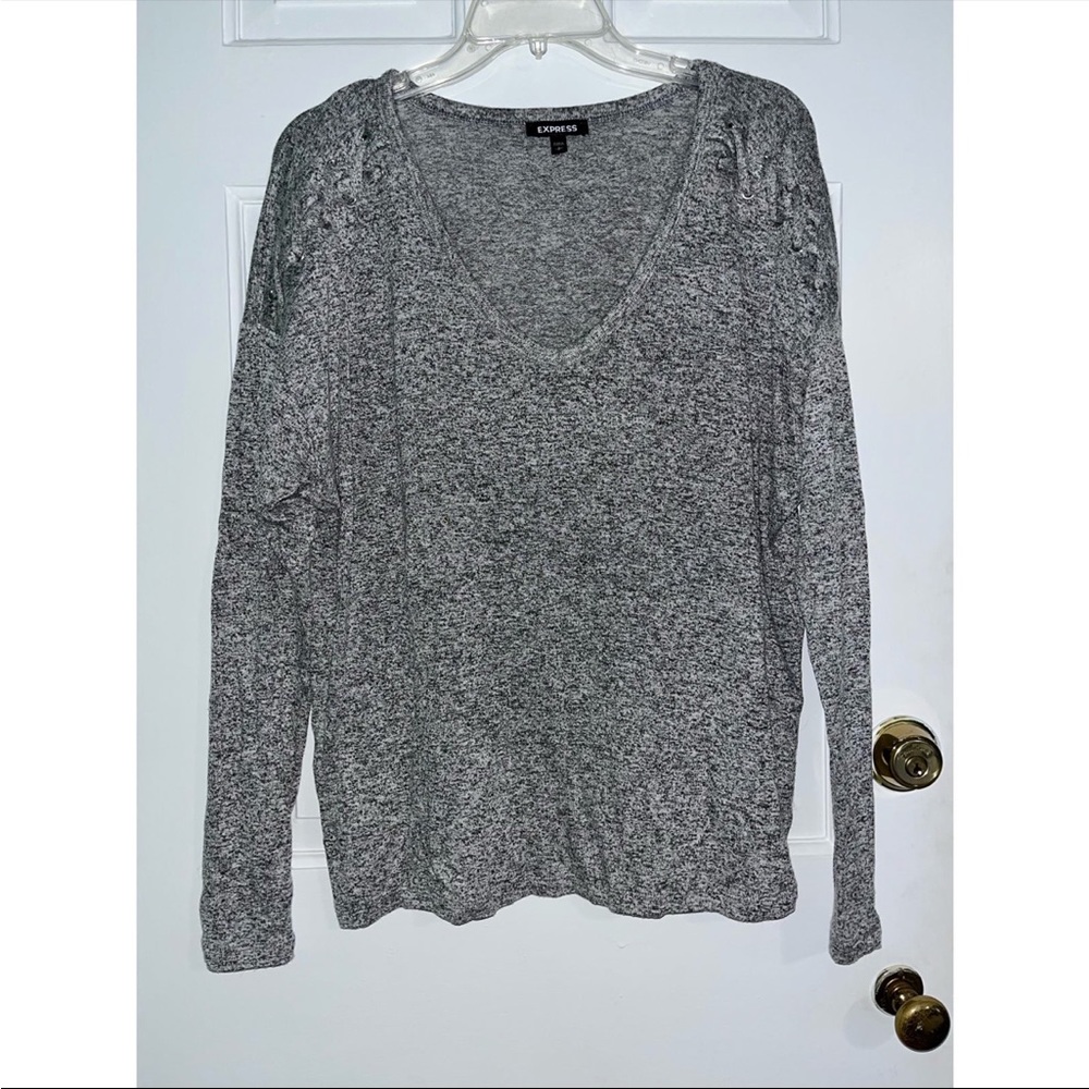 Express Women’s Gray V-Neck Sweater Lace-Up Shoulder Detail Size Small